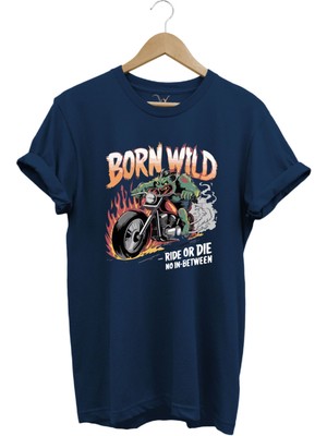 Motorsiklet Born Wild Ride Or Die Baskılı Kuru Kafa %100 Pamuk Regular Fit Bisiklet Yaka T-Shirt