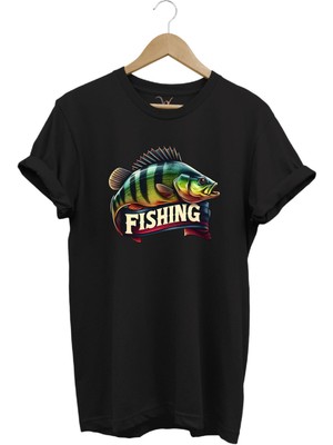 Fishing Balıkçılık Baskılı Levrek Balığı %100 Pamuk Regular Fit Bisiklet Yaka T-Shirt