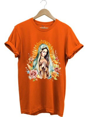 Renkli Meryem Ana Baskılı %100 Pamuk Regular Fit Bisiklet Yaka T-Shirt