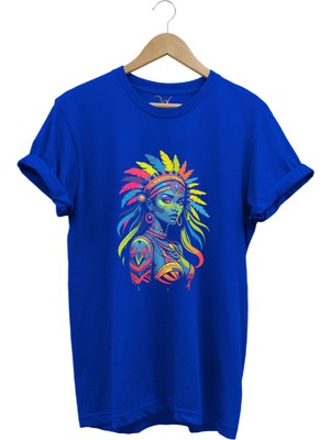 Renkli Kızılderili Baskılı %100 Pamuk Regular Fit Bisiklet Yaka T-Shirt