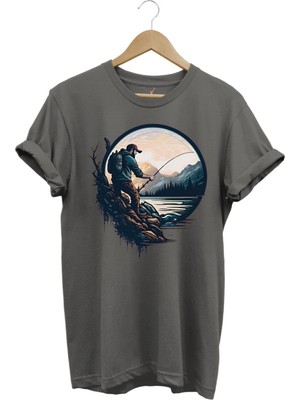 Balıkçı Özel Tasarım Olta ile Balık Tutmak ve Doğa Yazlık %100 Pamuk Tişört