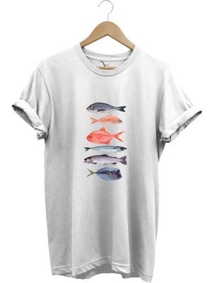Fishing Balıkçılık Baskılı Renkli Çeşitli Balık Tasarım %100 Pamuk Regular Fit Bisiklet Yaka T-Shirt