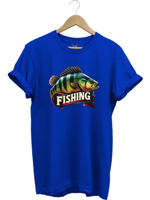 Fishing Balıkçılık Baskılı Levrek Balığı %100 Pamuk Regular Fit Bisiklet Yaka T-Shirt