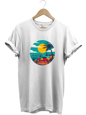 Scooter Motorsiklet Güneş Deniz Vintage Poster Baskılı %100 Pamuk Tişört