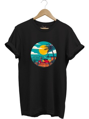 Scooter Motorsiklet Güneş Deniz Vintage Poster Baskılı %100 Pamuk Tişört