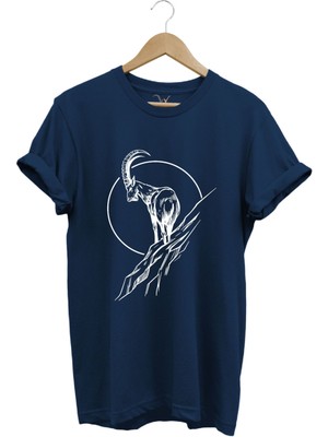 Avcılık Dağ Keçisi Baskılı %100 Pamuk Regular Fit Bisiklet Yaka T-Shirt