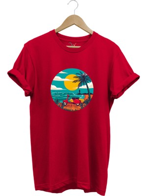 Scooter Motorsiklet Güneş Deniz Vintage Poster Baskılı %100 Pamuk Tişört