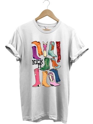 Unisex Cowgirl Kovboy Çizme Baskılı %100 Pamuk Regular Fit Bisiklet Yaka T-Shirt