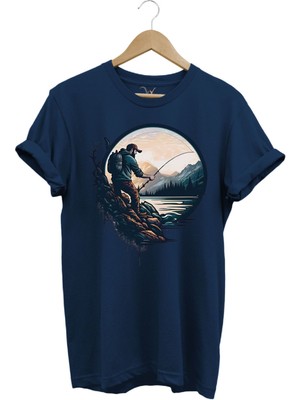 Balıkçı Özel Tasarım Olta ile Balık Tutmak ve Doğa Yazlık %100 Pamuk Tişört