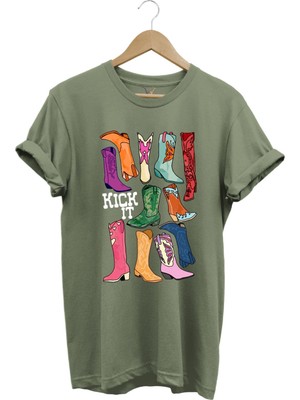 Unisex Cowgirl Kovboy Çizme Baskılı %100 Pamuk Regular Fit Bisiklet Yaka T-Shirt