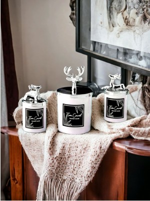 Özel Tasarım Dekoratif Gümüş Geyikli Vanilya Kokulu 3'lü Beyaz Bardak Mum Seti