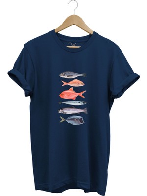 Fishing Balıkçılık Baskılı Renkli Çeşitli Balık Tasarım %100 Pamuk Regular Fit Bisiklet Yaka T-Shirt