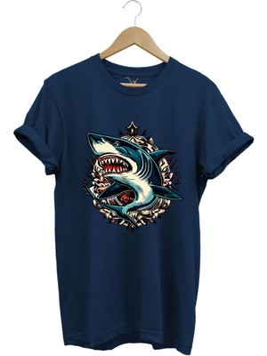 Köpek Balığı Baskılı Deniz Kum Güneş Shark Baskılı Regular Fit %100 Pamuk Tişört