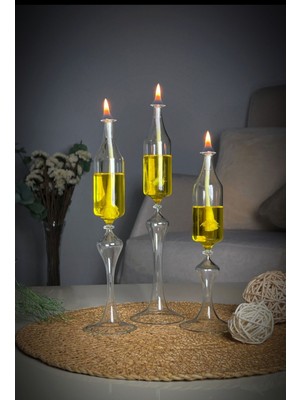 Ayaklı Şamdan Cam Kandil 3'lü Set + Kandil Yağı