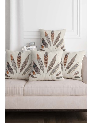 Şans Tüyü Desenli Bej Zemin Dekoratif Hediyelik Kadife 4lü Yastık Kırlent Kılıfı Seti