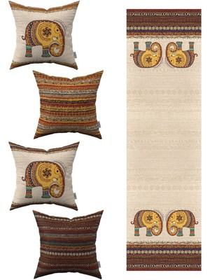Turuncu Kahverengi Etnik Fil Desenli 4'lü Kırlent Kılıfı 1 Runner Seti 4KMBS306-RS-1