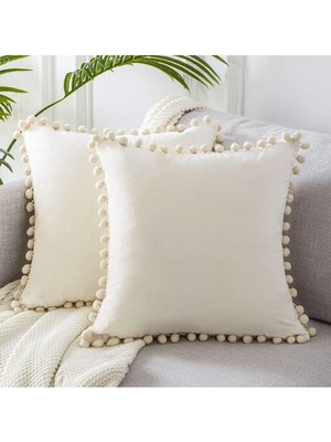 2'li Krem Minik Ponponlu Yumuşak Dokulu Kırlent Kılıfı Seti Sade , Düz, 2 Adet , Iskandinav, Bohem