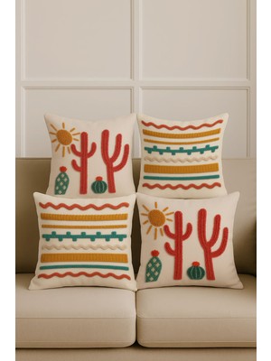 Nakış Kaktüs Desenli Klasik Tarz Dijital Baskı 4 Lü Kırlent Kılıfı Seti