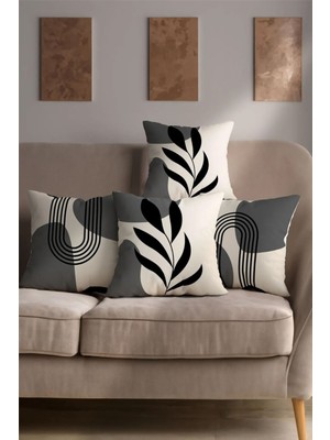Bohem Boho Temalı Gri Krem Renk Dijital Baskılı Hediyelik 4'lü Kırlent Yastık Kılıfı Seti