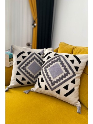 Gri Punch Nakışlı 2 Adet Kırlent Kılıfı