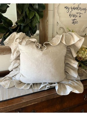%100 Pamuklu Ham Keten Fırfırlı Vintage Kırlent Kılıfı 43X43 cm