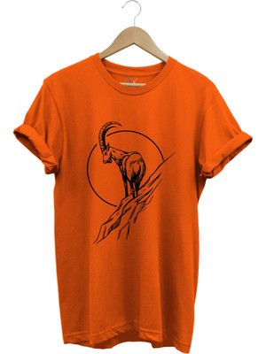 Avcılık Dağ Keçisi Baskılı %100 Pamuk Regular Fit Bisiklet Yaka T-Shirt