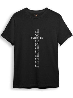 Bozkurt Göktürk Alfabesi Türkiye Sembolleri Yazısı ve Ay Yıldız ve Hilal Baskılı Regular Fit T-Shirt