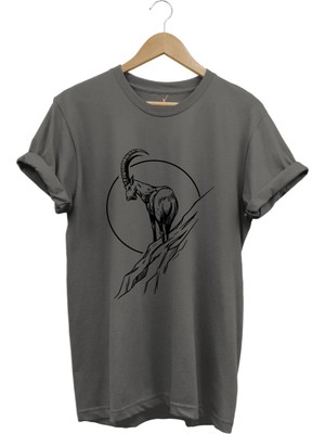 Avcılık Dağ Keçisi Baskılı %100 Pamuk Regular Fit Bisiklet Yaka T-Shirt