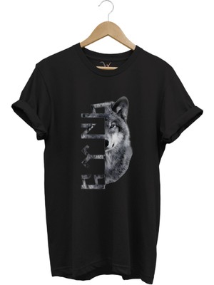 Türkiye Bozkurt Göktürkçe Türk Yazısı ve Kurt Baskılı Regular Fit %100 Pamuk T-Shirt