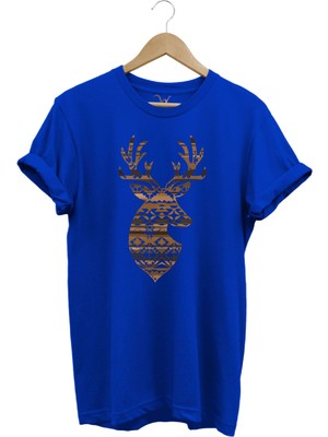 Avcılık Mozaik Desenli Geyik Tasarım Baskılı %100 Pamuk Regular Fit Bisiklet Yaka Premium T-Shirt