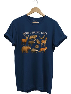 Widi Hunting Vahşi Yaşam Geyik Ayı Kurt Baskılı %100 Pamuk Regular Fit Bisiklet Yaka T-Shirt