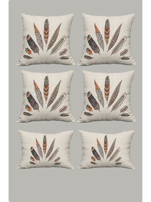 Şans Tüyü Desenli Bej Zemin Dekoratif Hediyelik Kadife 6lı Yastık Kırlent Kılıfı Seti