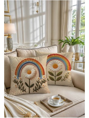 Punch Nakış Desenli Sonbahar Temalı Papatya ve Yaprak Desenli Dijital Baskılı 2li Kırlent -  Kılıfı