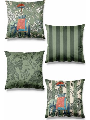 Çift Tarafı Baskılı Hint Fili Desenli 4'lü Süet Kırlent Kılıfı - Küf Yeşili