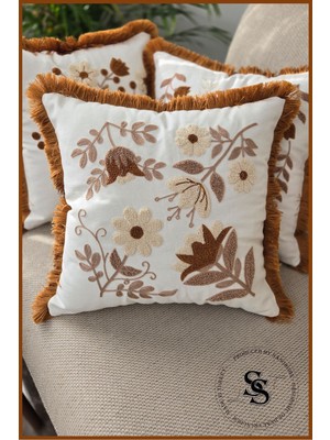 Beauty Flowers Punch Nakış Desenli Keten Kırlent Kılıfı
