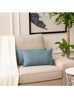 Turkuaz Tekli Keten Dokuma Kırlent Kılıfı , Dekoratif Kırlent