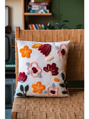 Çiçek Desenleri Punch Nakışı Işlemeli Keten Kırlent Kılıfı