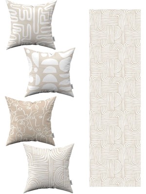 Krem Beyaz Bohem Iskandinav Geometrik Desenli 4'lü Kırlent Kılıfı 1 Runner Seti 4KMBS291-RS-3