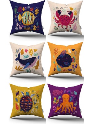 Krem Çok Renkli Marin Desenli 6'lı Dijital Baskılı Kırlent Kılıfı Seti- 6KMBS285