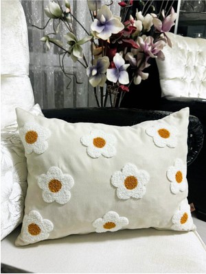 Keten Kumaş 35*50 Papatya Desen Punch Kırlent Kılıfı (Panç)