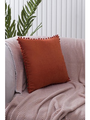 Renk ve Ölçü Seçenekli Kiremit Ponponlu Kırlent Kılıfı Dekoratif Düz Sade Punch Panoroma