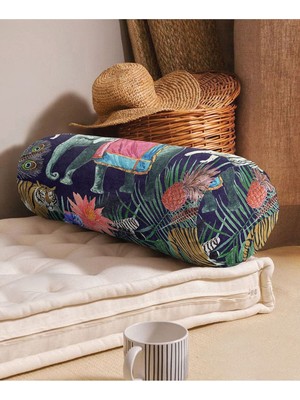 Amazon Etnik Fil Motifli Dijital Baskılı Modern Iç Dolgulu - Fermuarlı Silindir Daire Yastık Kırlen