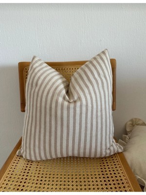 Yıkanmış Keten Bej Çizgili Bohem Kırlent Kılıfı