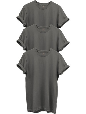 3'lü Antrasit Gri %100 Pamuk Regular Fit Bisiklet Yaka Premium T-Shirt