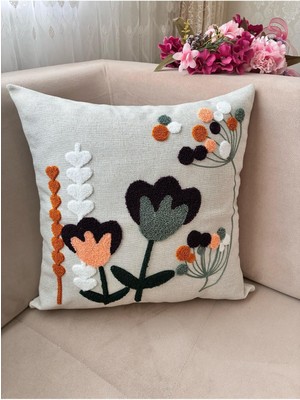 Punch Panç Nakışlı Tekli Kırlent Kılıfı 43X43CM Dekoratif Keten Kırlent Kılıfı