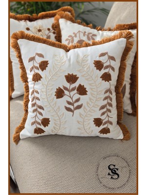 Beauty Flowers Punch Nakış Desenli Keten Kırlent Kılıfı