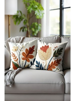 Dijital Baskılı Dokuma Nakış Desenli Kırlent Kılıfı. Çift Taraflı Gizli Fermuarlı 2'li Kırlentkılıf