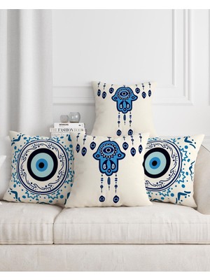 Süslü Hamsa Eli Nazar Boncuğu Desenli Mavi Beyaz Renkli 4'lü Dijital Baskılı Kırlent- Yastık Kılıfı