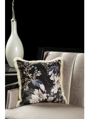 Lüks Kadife 43X43 cm Kırlent Kılıfı Dekoratif Yumuşak Salon Koltuk Avangart Saçaklı Siyah