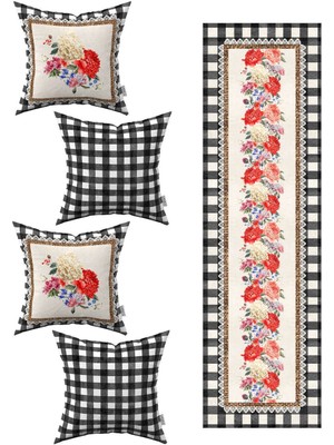 Siyah Beyaz Kareli Çiçek Desenli 4'lü Kırlent Kılıfı 1 Runner Seti 4KMBS270-RS